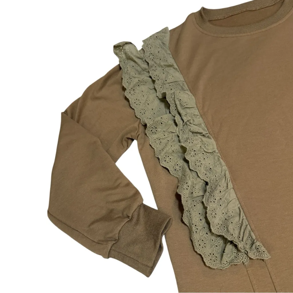 Tan Crew Neck Sweater with Olive Ruffle Details - Image 4