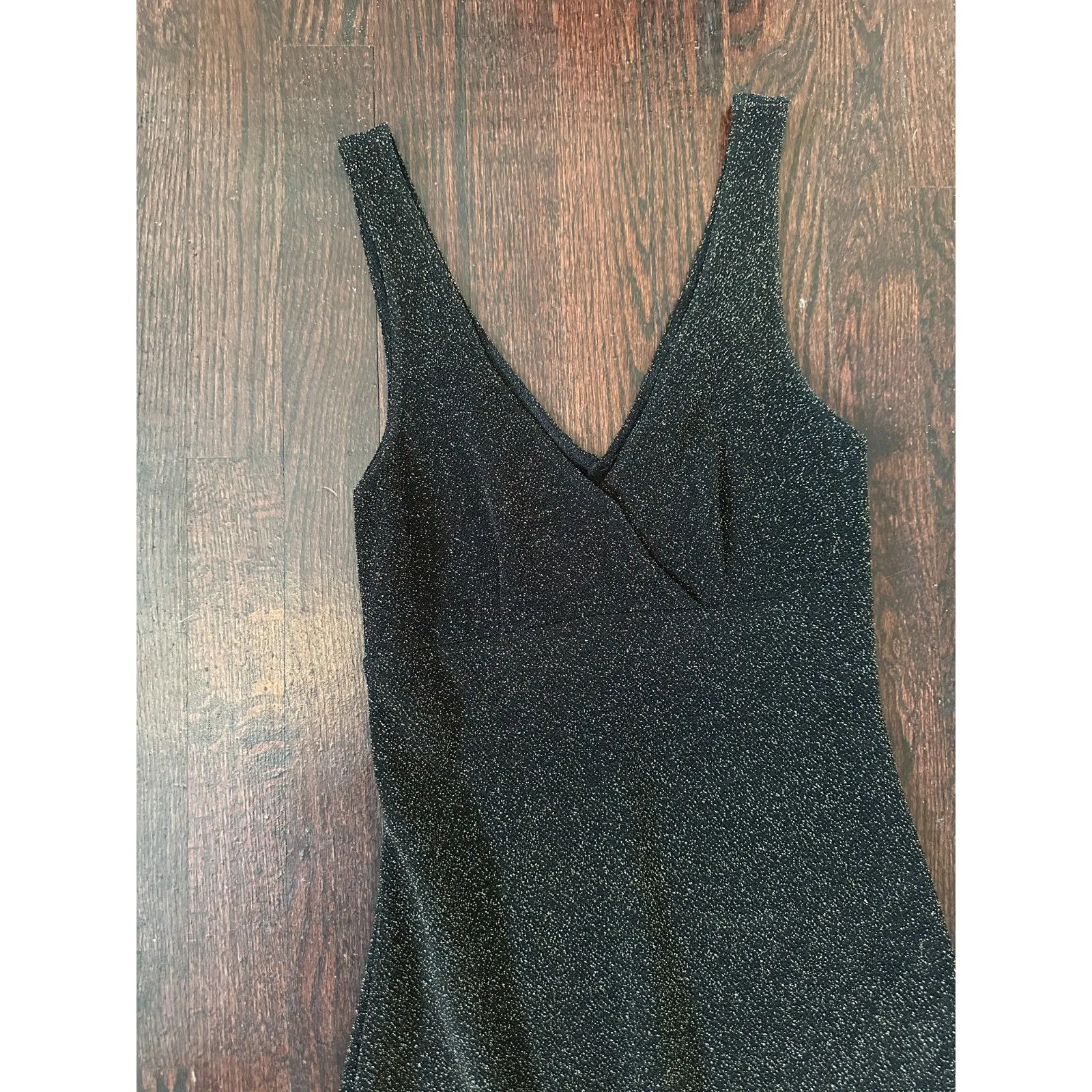 Vintage City Triangles Black Sparkly V Neck Maxi Dress with Slit Size Small - Image 3