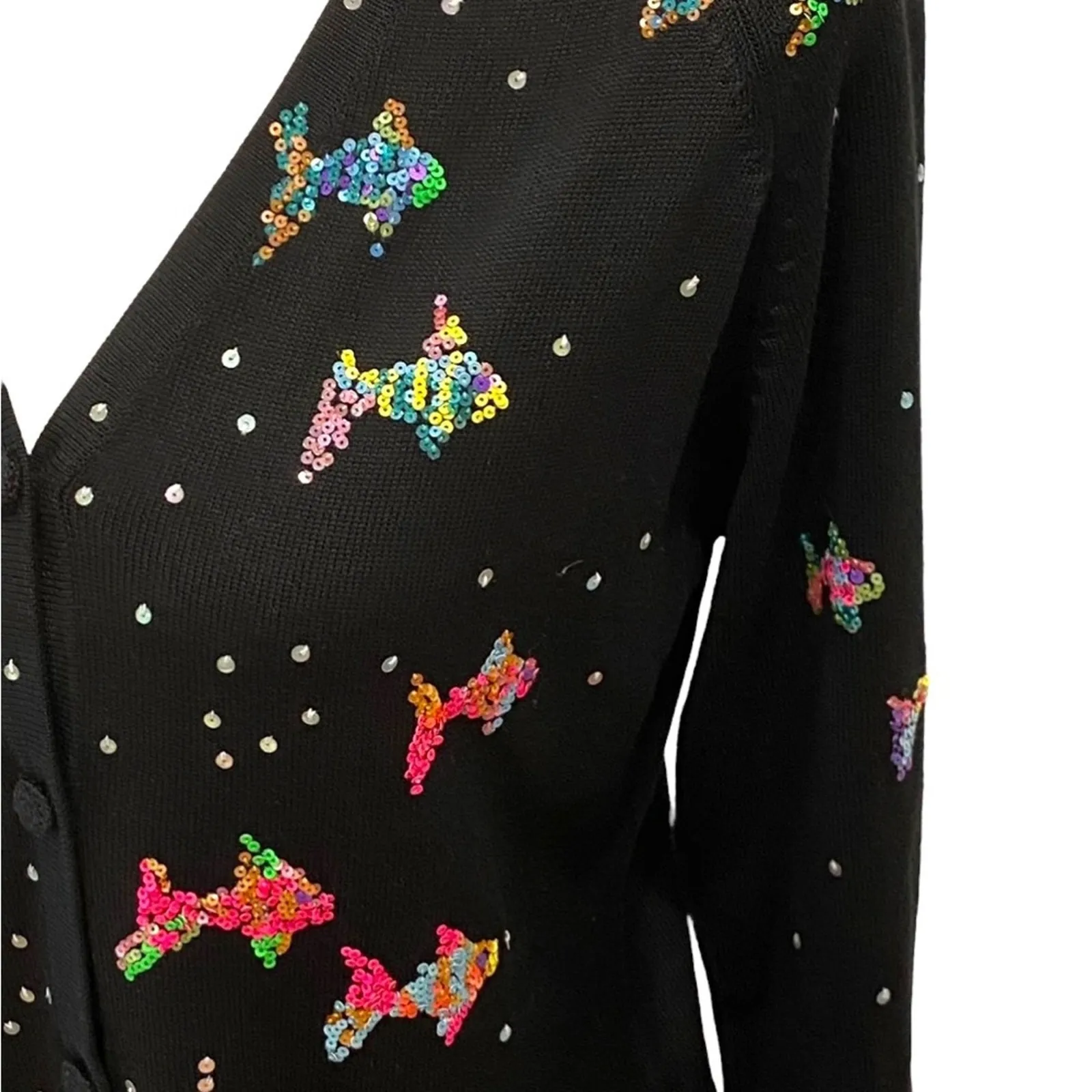 Michael Simon Vintage Sweater Small Cardigan Y2K Silk Fish Art Sequin Seascape Black - Image 4