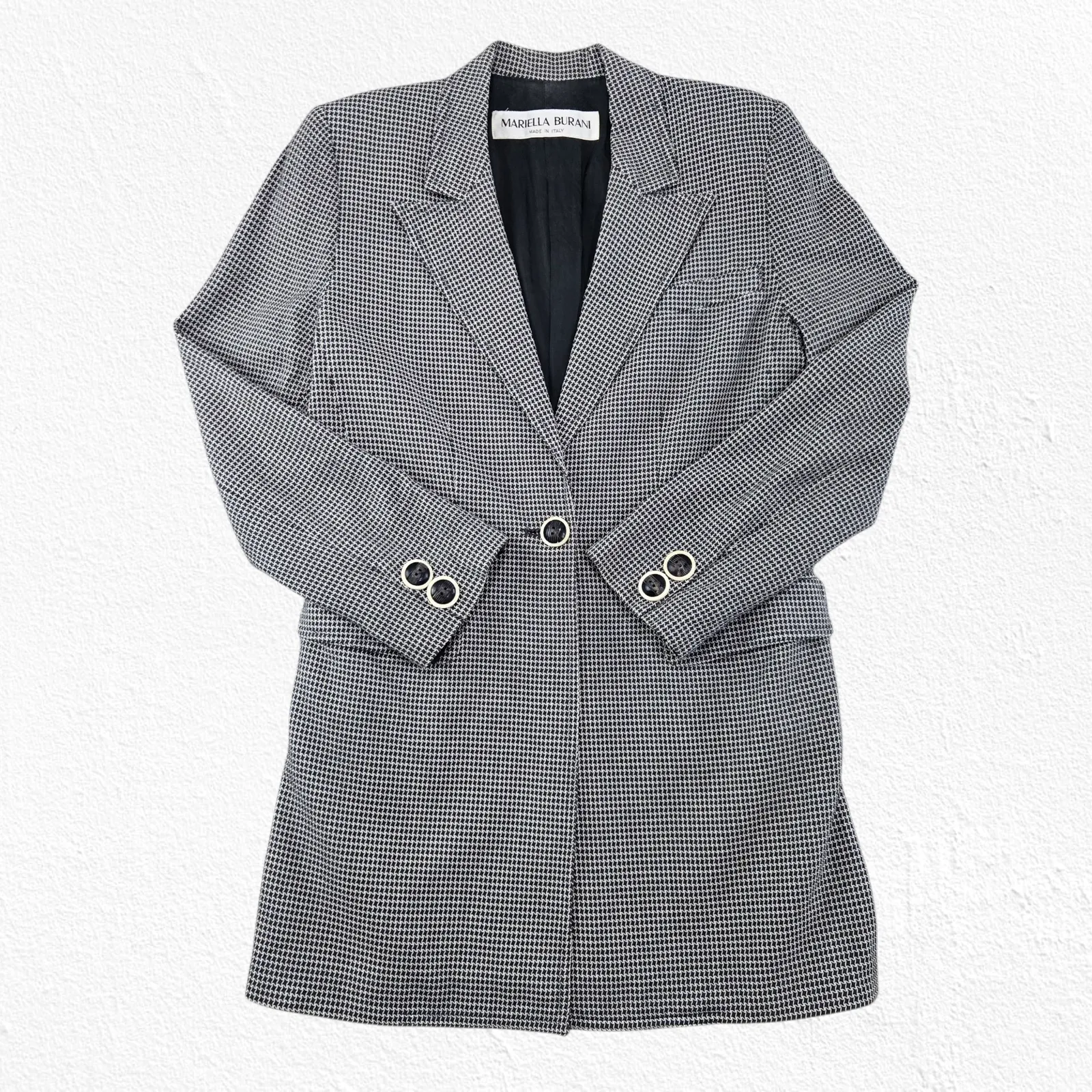 Vintage 90s Mariella Burani Houndstooth Longline Blazer Jacket Italy Made Size 4 Black - Image 2