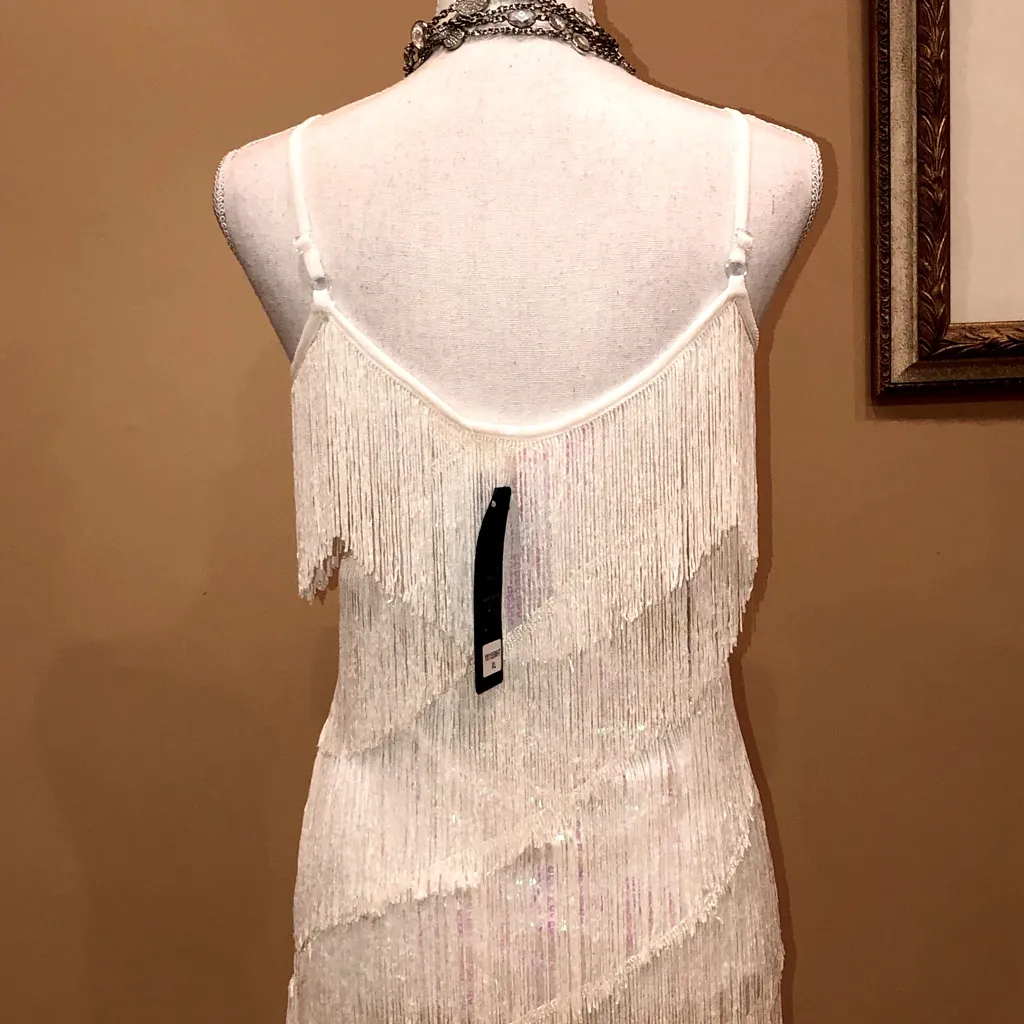 🆕 1920s Sequin and Fringe Flapper Party Mini Dress White Size XL - Image 13