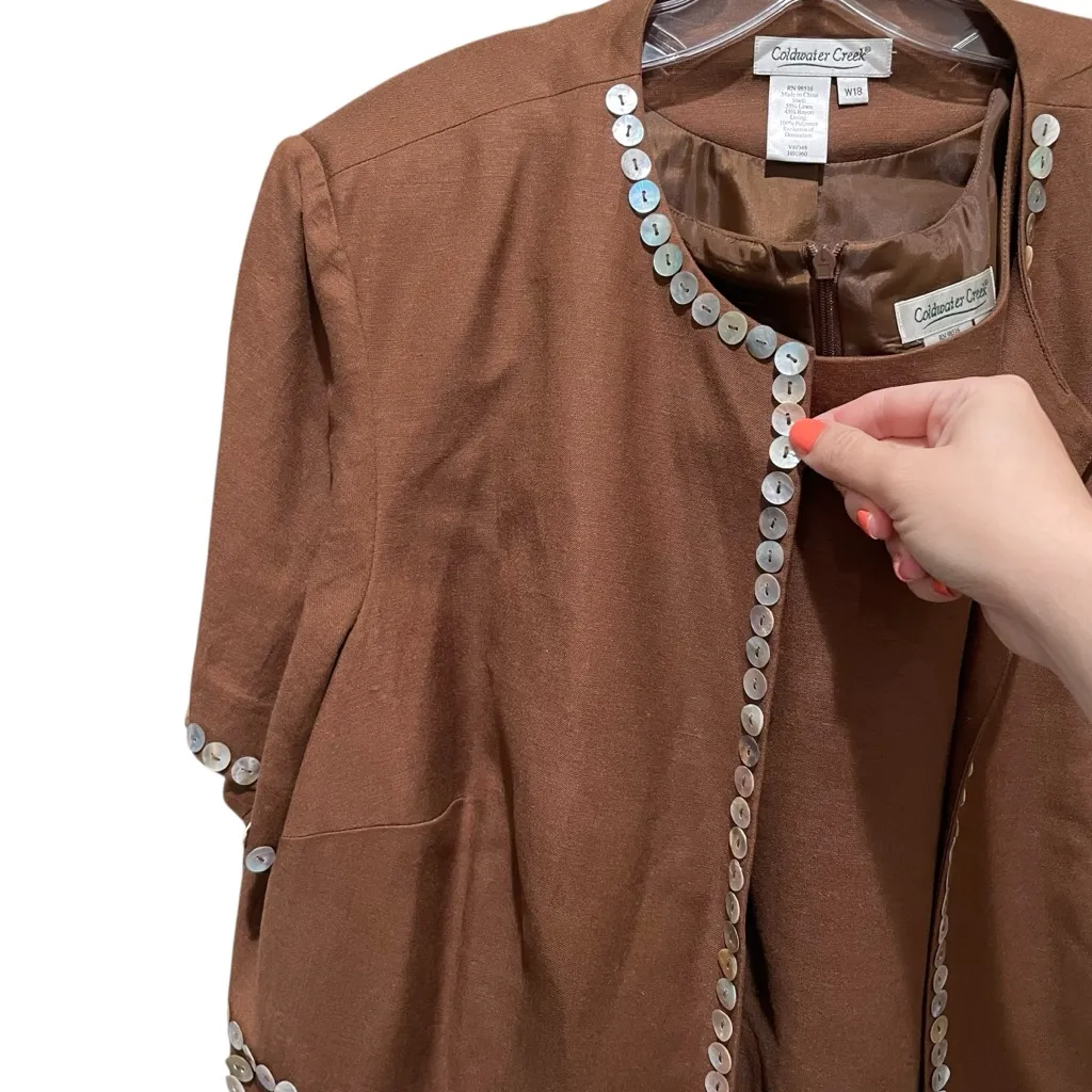 Coldwater Creek Brown Linen Button Trim Jacket Dress Set Women’s Plus Size 18W - Image 4