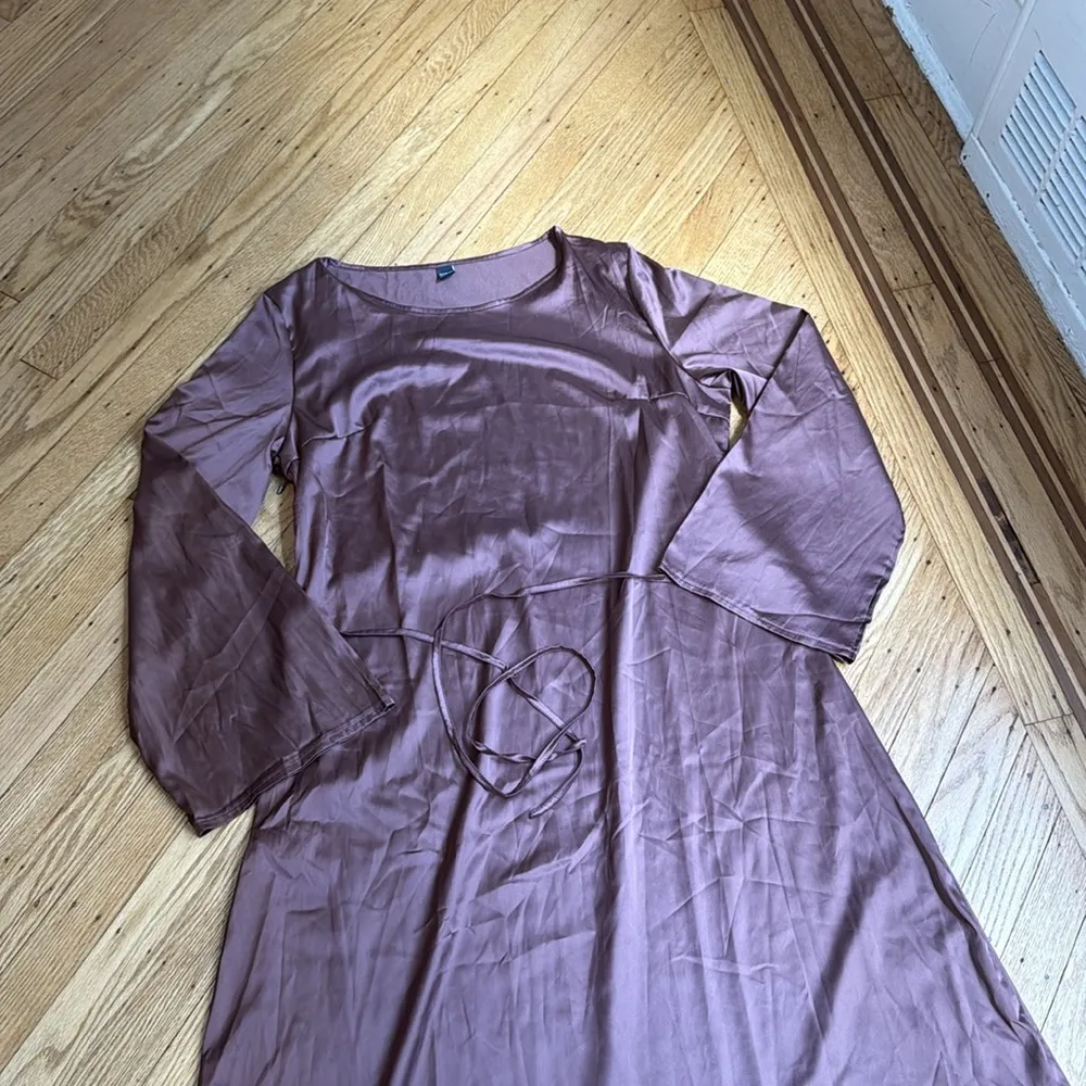 SHEIN Brown Long Sleeve A-Line Midi Dress XL, Soft Satin Feel, Tie Waist - Image 2