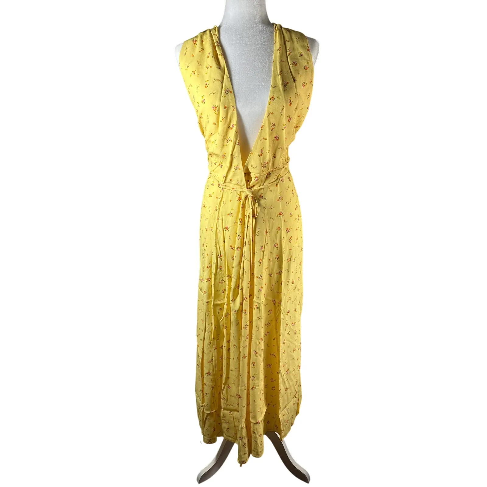 Rumored Sirena Yellow Floral Halter Midi Wrap Dress Windswept Small - Image 3