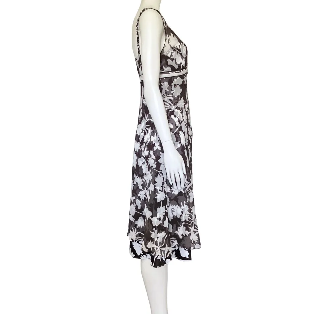 Vintage Y2K 100% Silk Ann Taylor Brown White Floral Midi Dress S/M Size 8 V Neck - Image 7