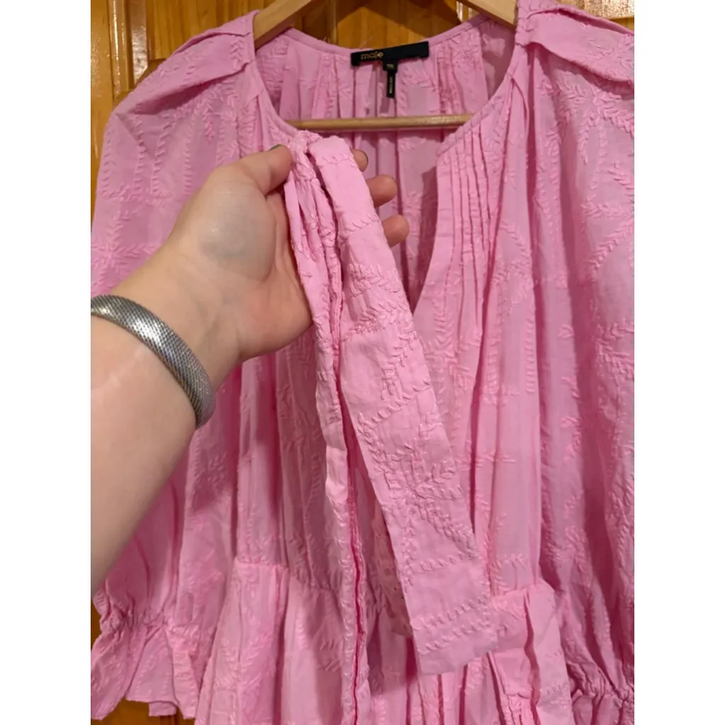 Womens Maje Rybiza Belted Long Sleeve Pink Boho Romantic Ruffled Mini Dress - Image 4