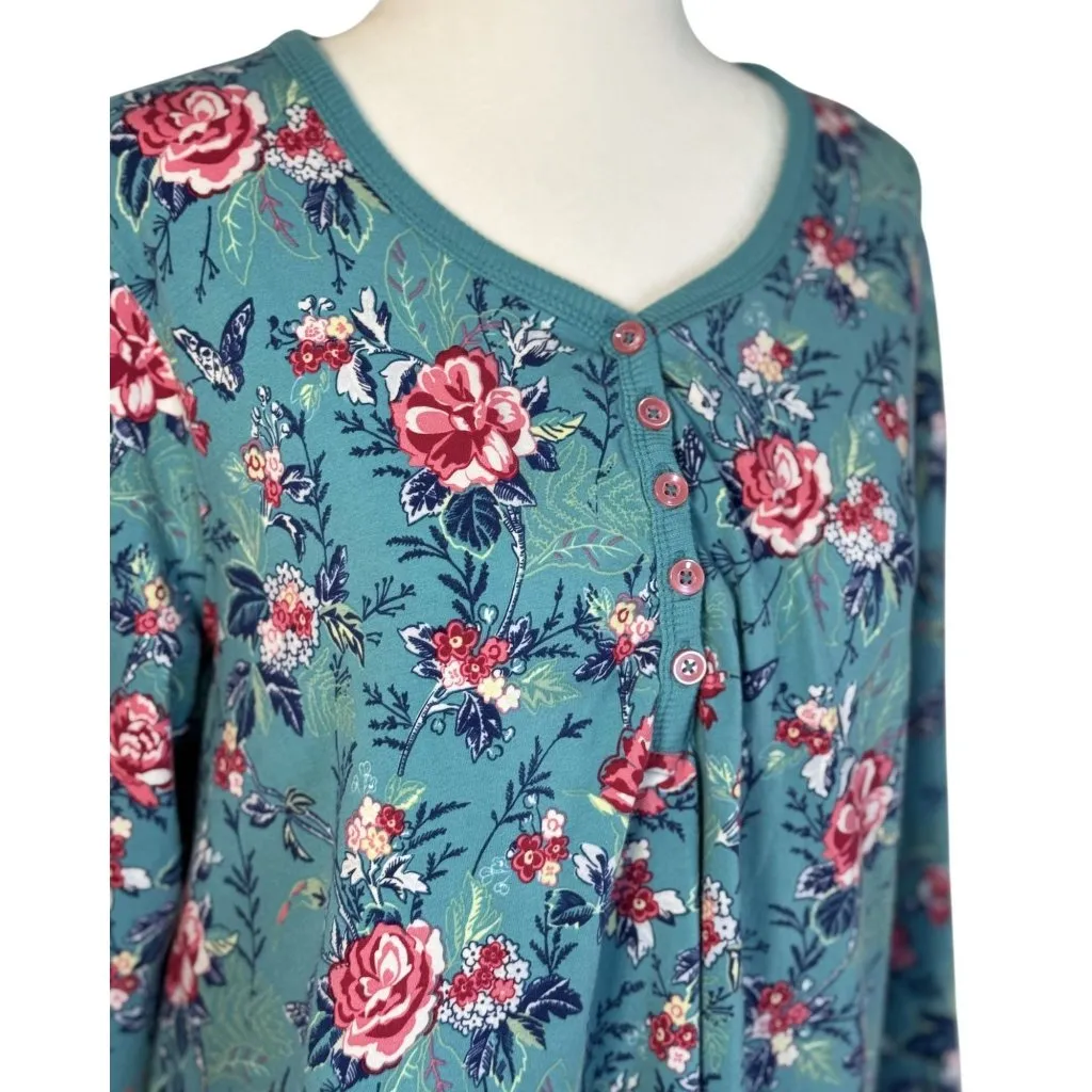 Vera Bradley Size Large Woman Top Floral Long Sleeve Button Top Teal Pink - Image 3