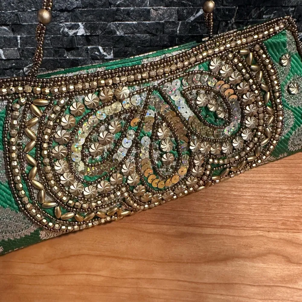 Evening Bag Beaded Sequin Clutch India Purse Green Gold Prom Formal - Image 3