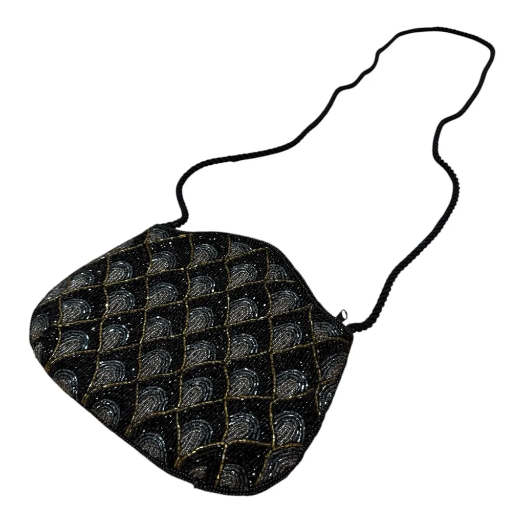 Vintage Black Gold Silver Beaded Evening Bag Art Deco Shoulder Purse Handbag - Image 1