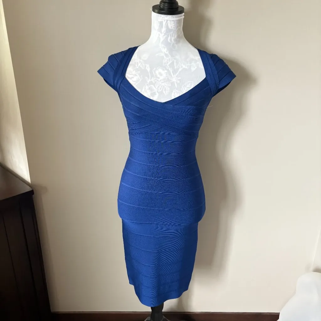Herve Leger Raquel Bandage Dress Blue Womens Designer Stretchy Small - Image 2