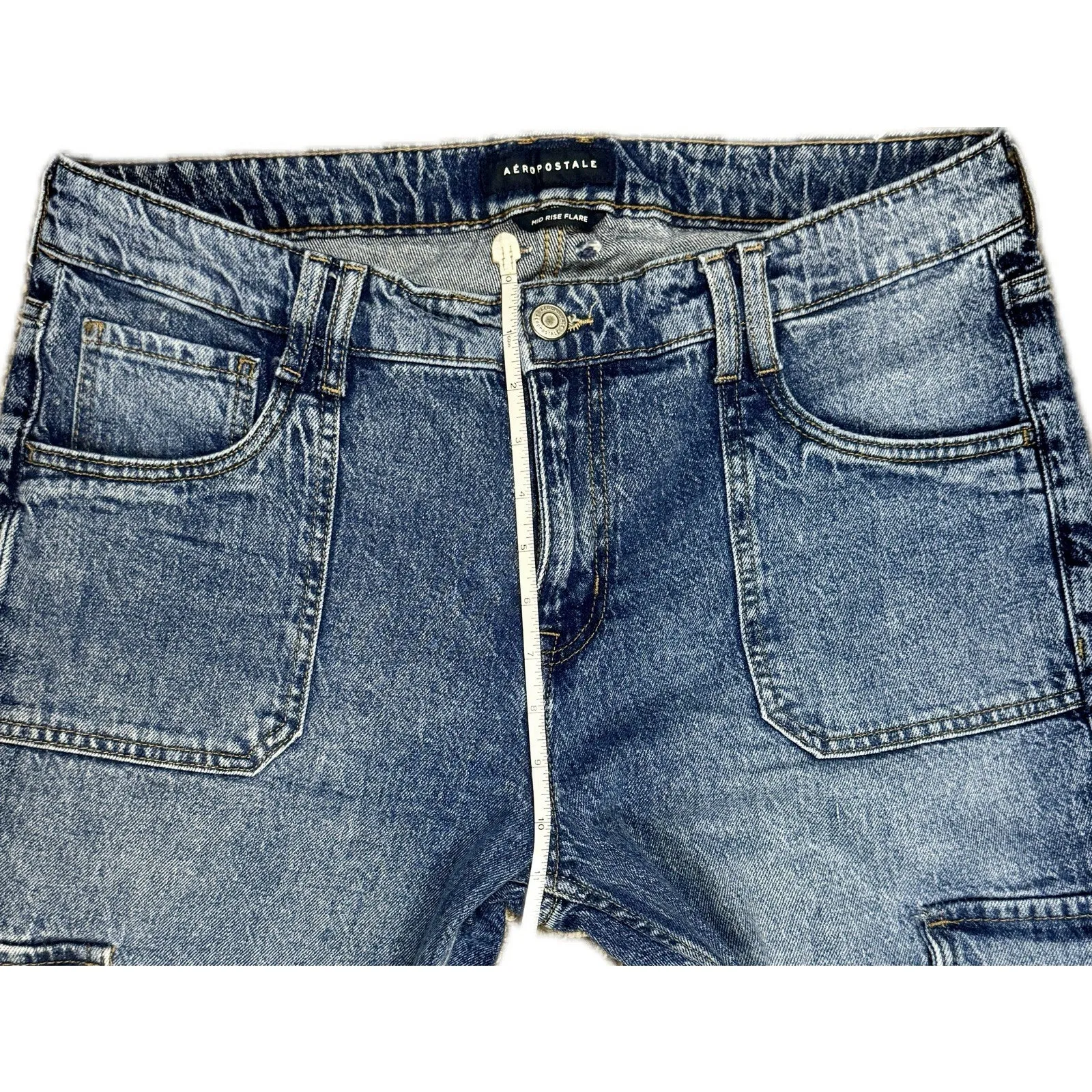 Aeropostale Women’s Mid Rise Flare Cargo Jeans Blue‎ Denim Y2K Wide Leg Pants 14 Blue - Image 7