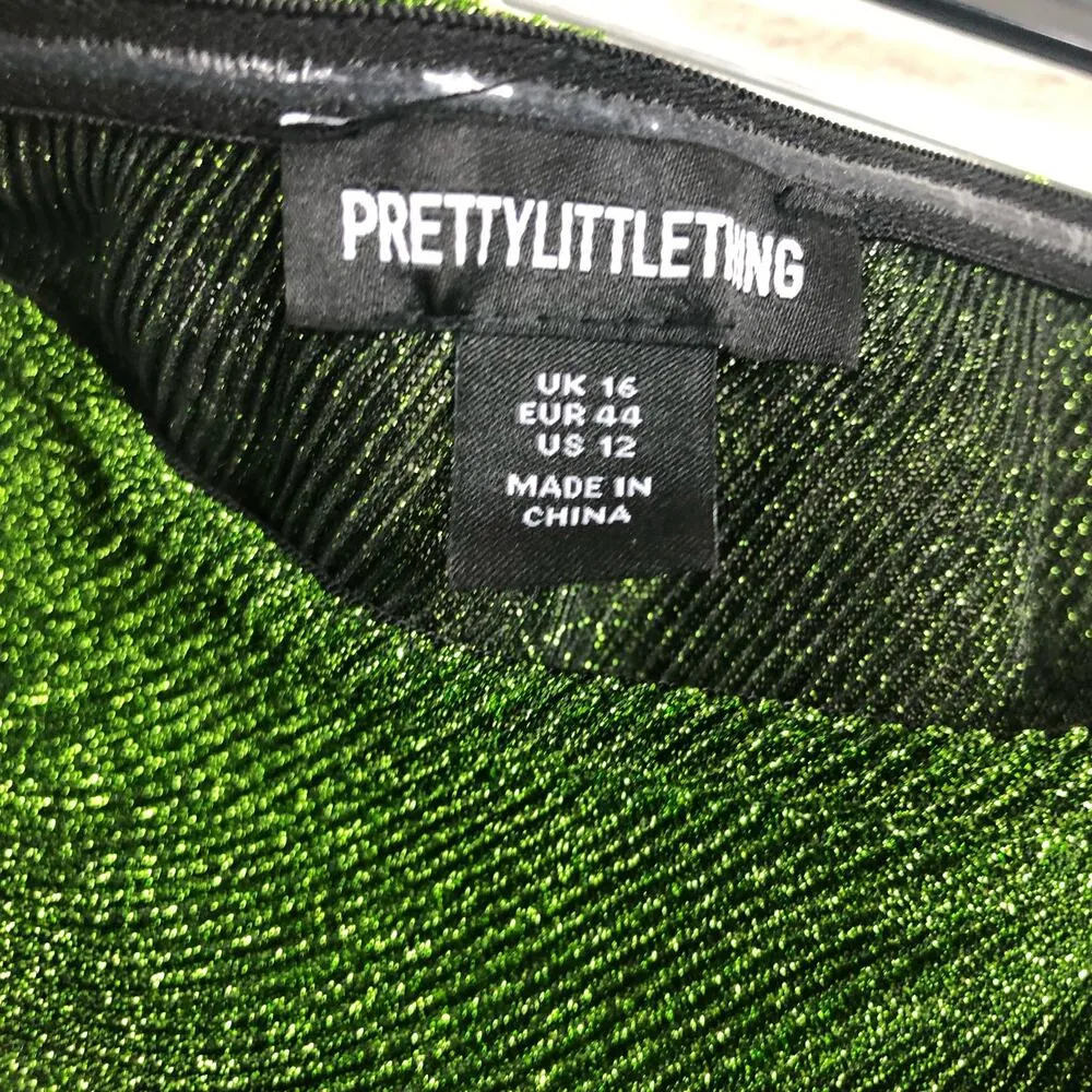 PrettyLittleThing Green Glitter Plisse Ruched One Shoulder Midi Dress Size 12 - Image 5
