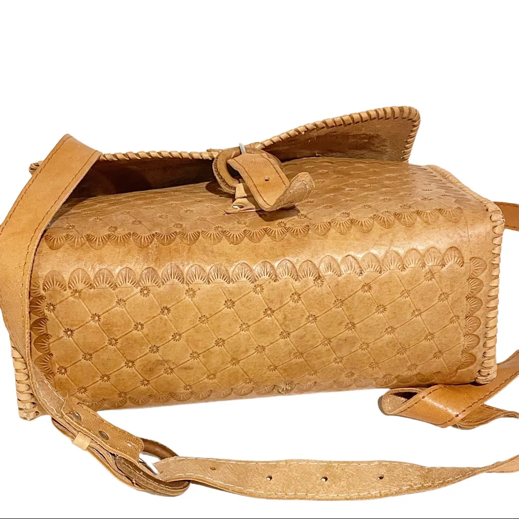 Vintage Brown‎ Tooled Front Buckle Shoulder Bag Square New Brown - Image 4