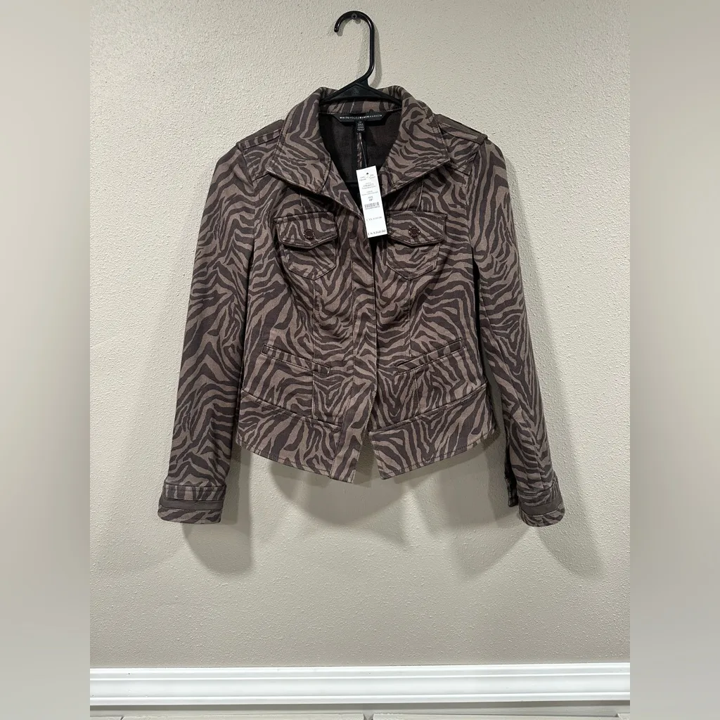 NWT White House Black Market Espresso Zebra Print Denim Jacket Size 0P - Image 2