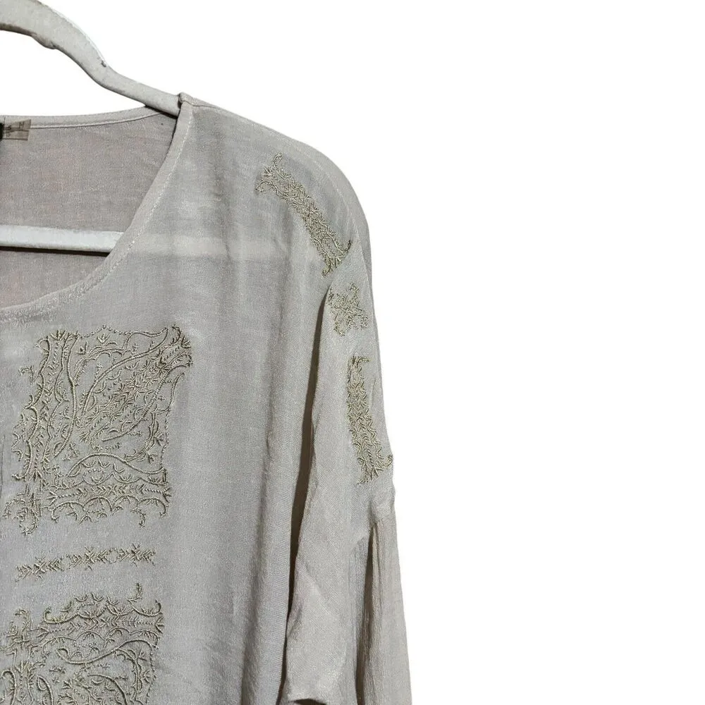 ASTR Top Womens Small Beige Embroidered Boho Print Fringe Hem Sheer Blouse - Image 3