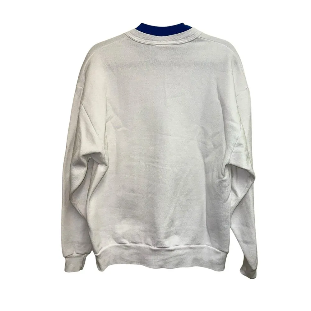 Morning Sun Vintage Blue Metallic Trees & White Sweatshirt Size L - Image 4