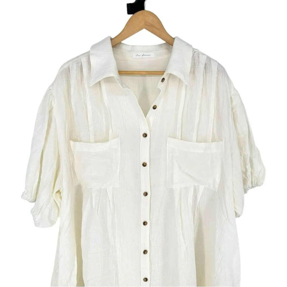 Ces Femme Ivory Puff Sleeve Button Down Mini Dress size 2X Oversized Breezy - Image 2