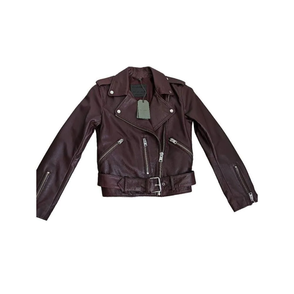 All Saints Balfern Leather Biker Jacket In Deep Berry Size 2 - Image 4