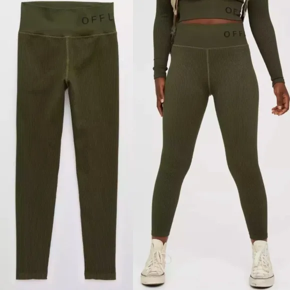 Aerie Offline Seamless Sidewalk Ribbed High Waisted Logo Leggings Green - Image 2