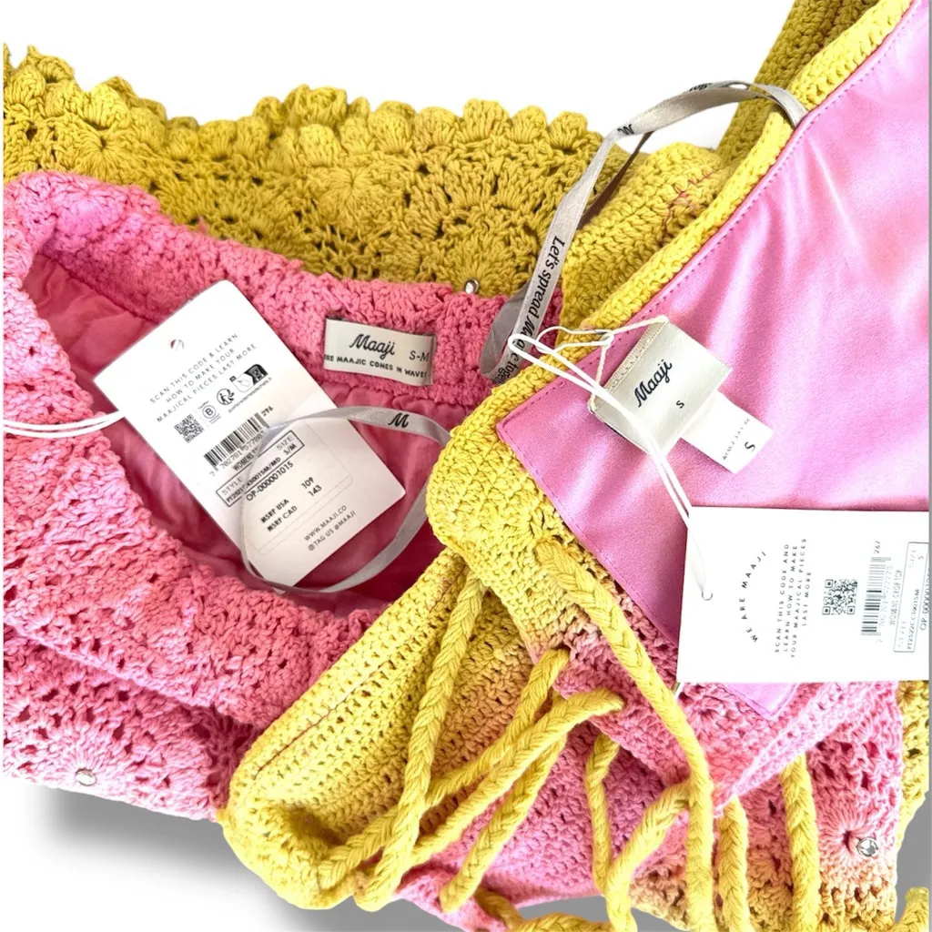 Women's Maaji Crochet Crop Top & Mini Skirt Set Yellow/Pink Size S - Image 5