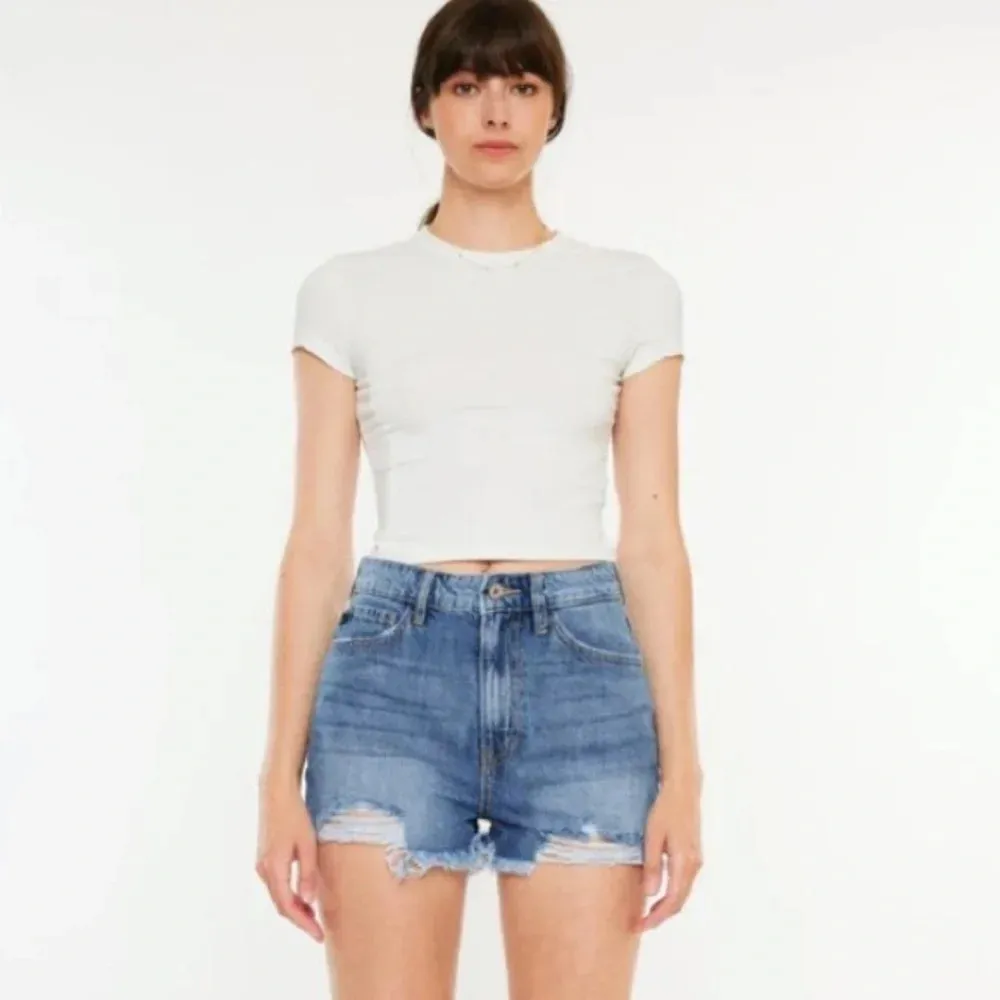 KANCAN DISTRESSED RAW HEM HIGH WAIST DENIM‎ SHORTS SIZE 27 Blue - Image 3