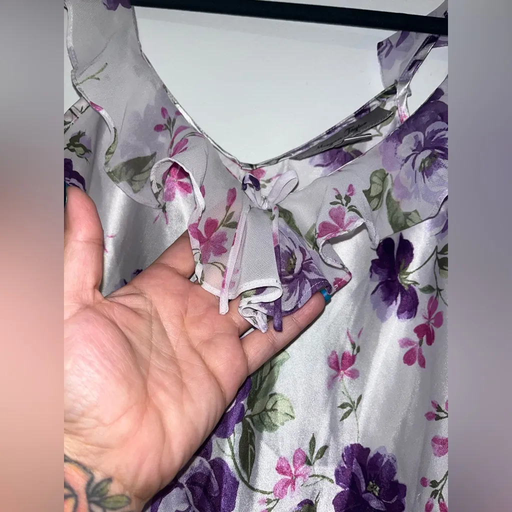 Vintage Floral Satin Nightgown | Size S | Ruffle Strap Sleeveless‎ Slip Dress - Image 3