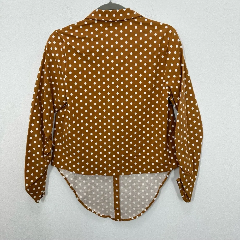 Revolve Le Rumi Carmel Brown White Polka Dot Tie Front Button Down Crop Blouse S - Image 7