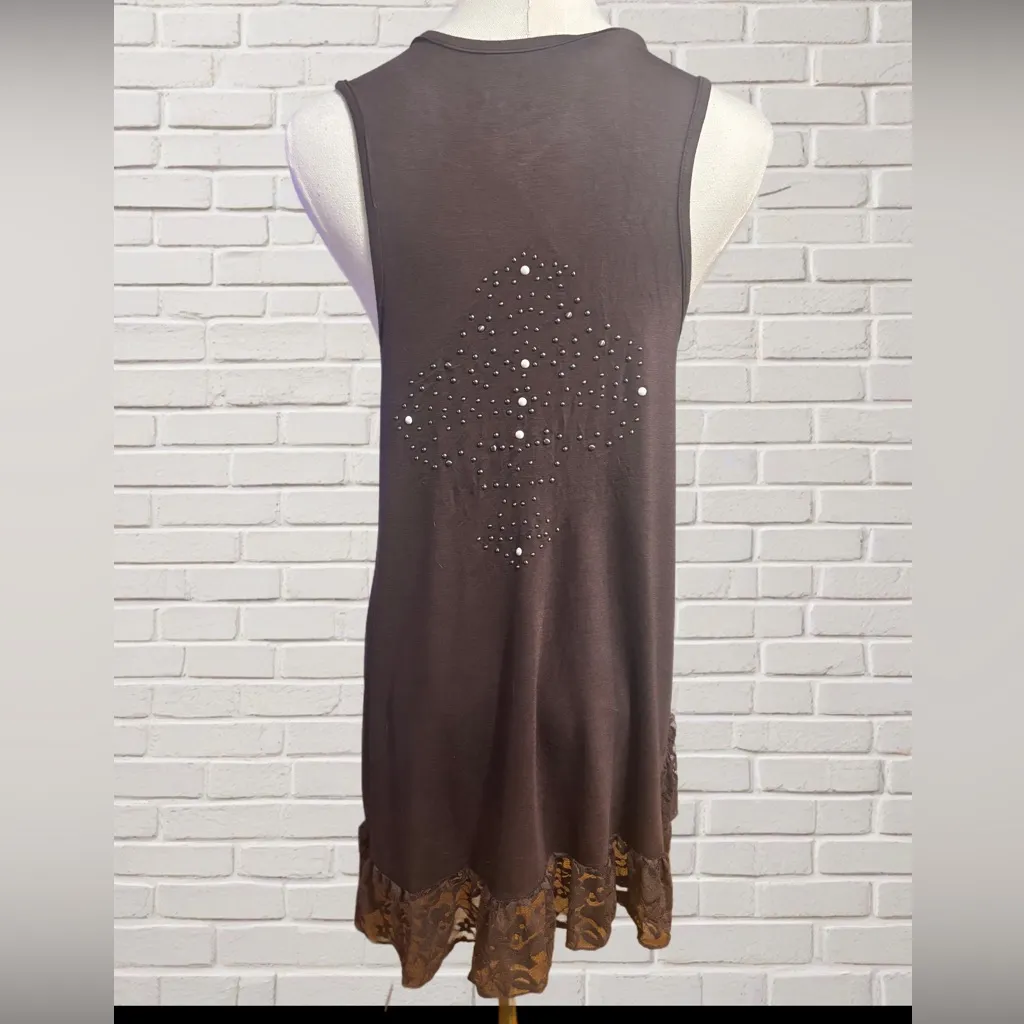 Wrangler Studded Lace Ruffles Open Front Boho Vest Brown Size L - Image 4