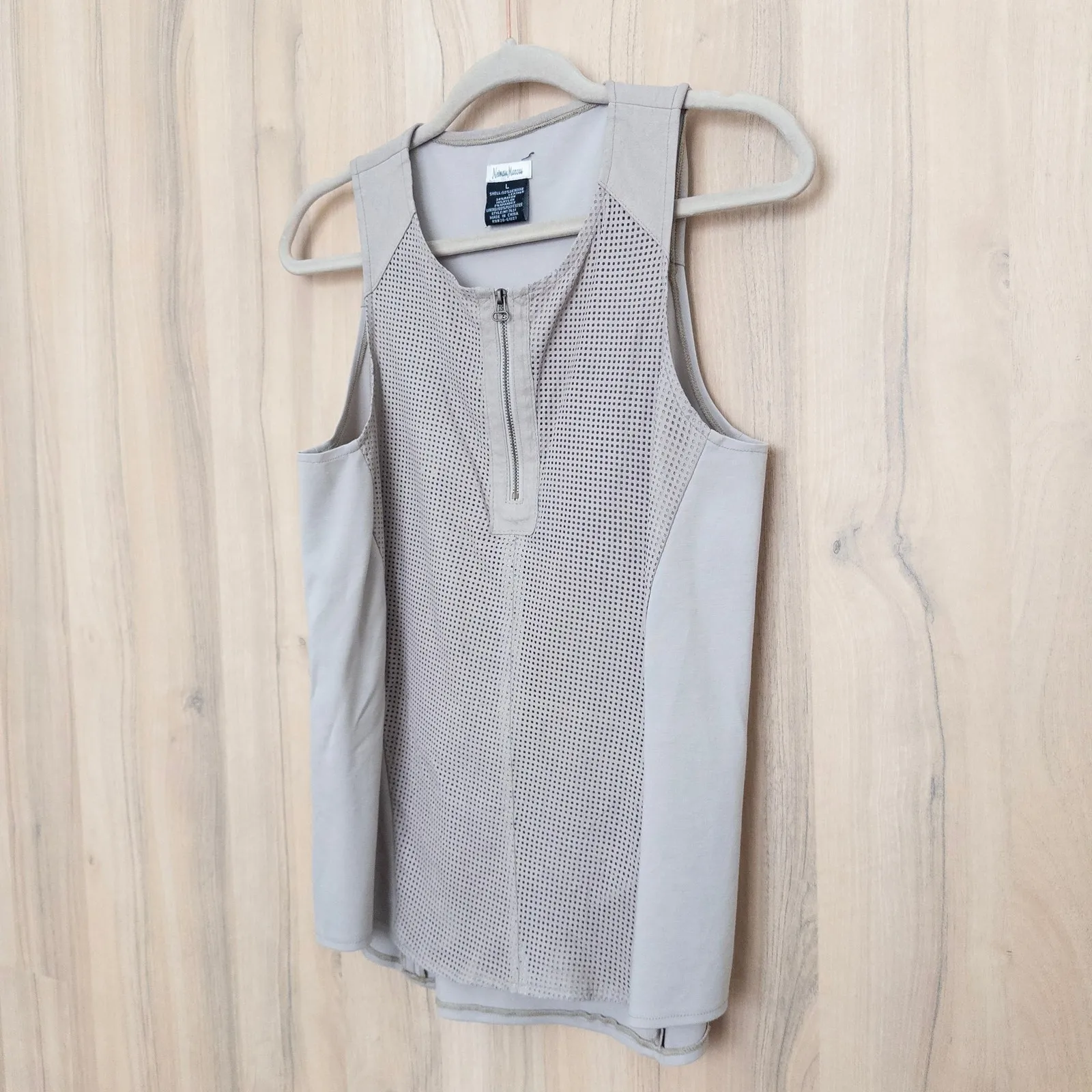 Neiman Marcus Women Leather Top Size L Beige Mesh Zip Minimalist Chic Quiet Luxe - Image 4