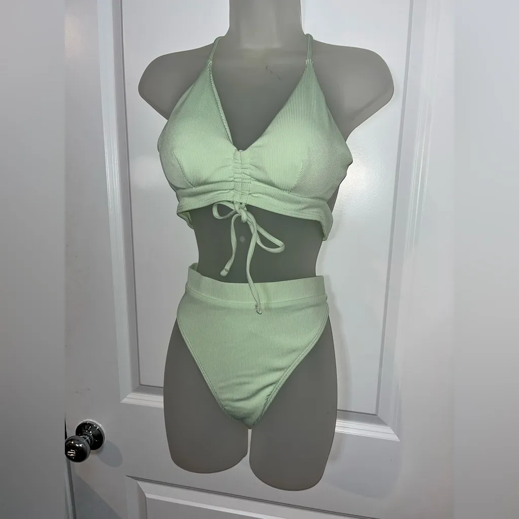 ZAFUL NWT Ribbed Cinched Lace Up Tankini Swimwear Set Summer Mint Green Sz 6 - Image 7