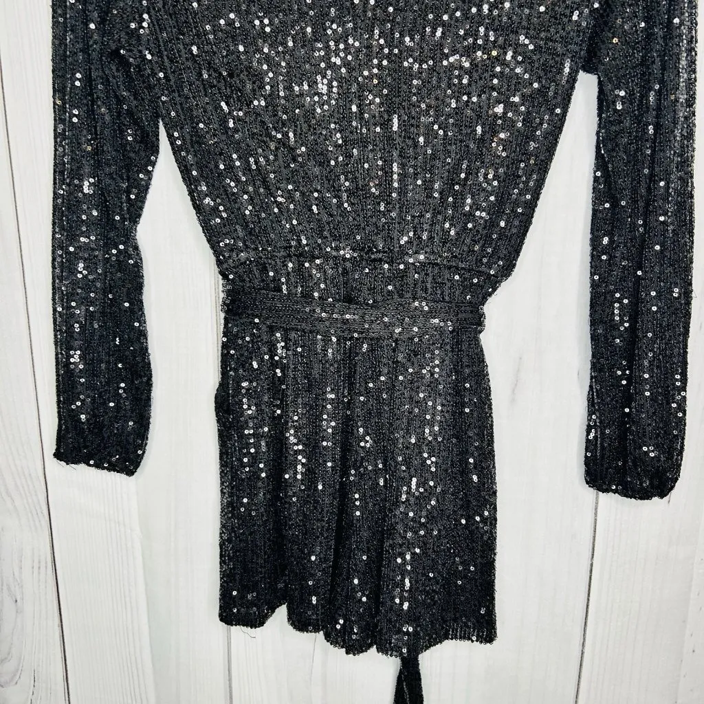 Midnight Doll Black Full Sequin Shorts Romper Tie Waist Sz XS Long Sleeve - Image 7