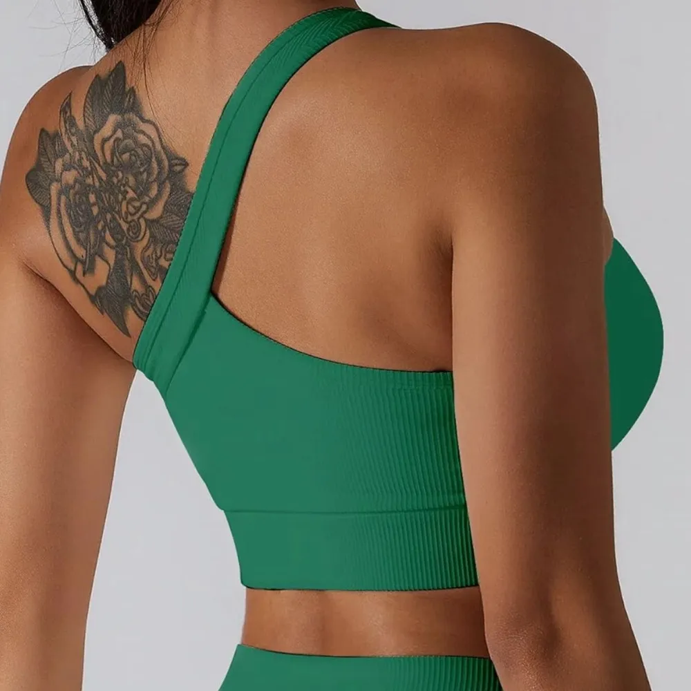 2 Pieced Ribbed One Shoulder High Waist Shorts Seamless Sports Bra Gym Set - Image 4