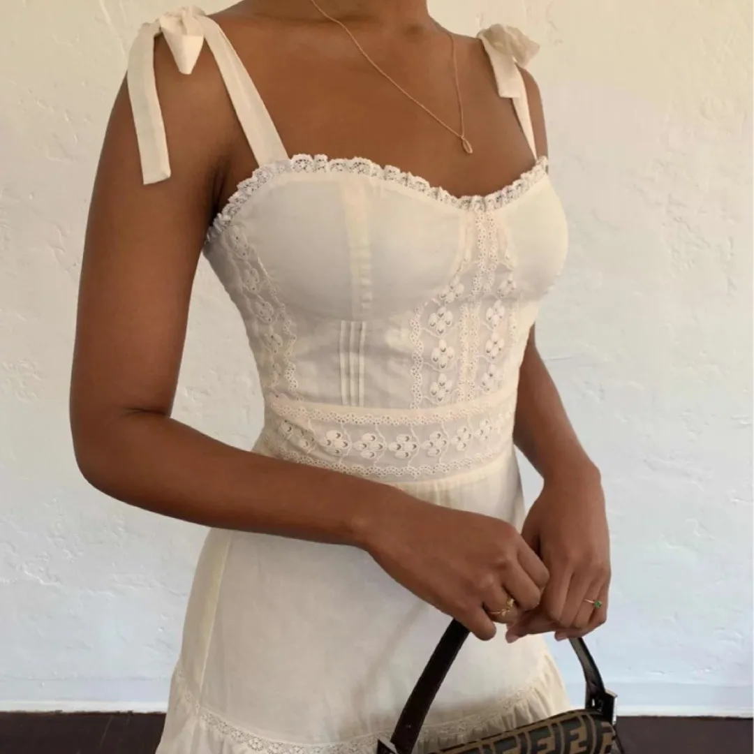 Reformation | Maeve 100% Organic Cotton Eyelet Sweetheart‎ Mini Dress in Cream - Image 3