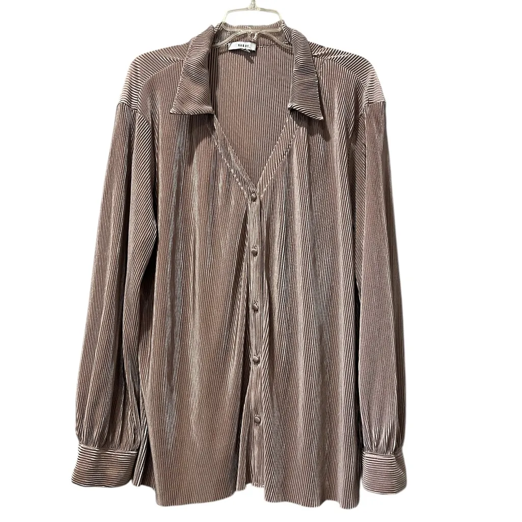 RO & DE ANTHROPOLOGIE Taupe PLEATED RIBBED BLOUSE BUTTON DOWN COLLARED TOP SZ L - Image 2