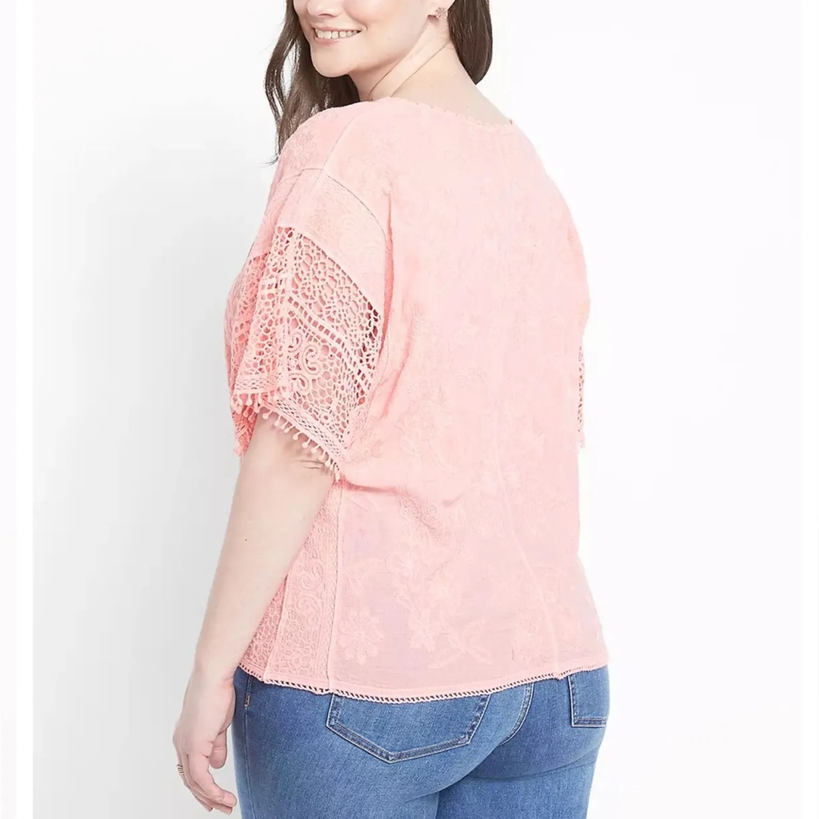 Lane Bryant Light Pink Tie-Hem Lace Crochet Short‎ Sleeve Top Size 22/24 - Image 2