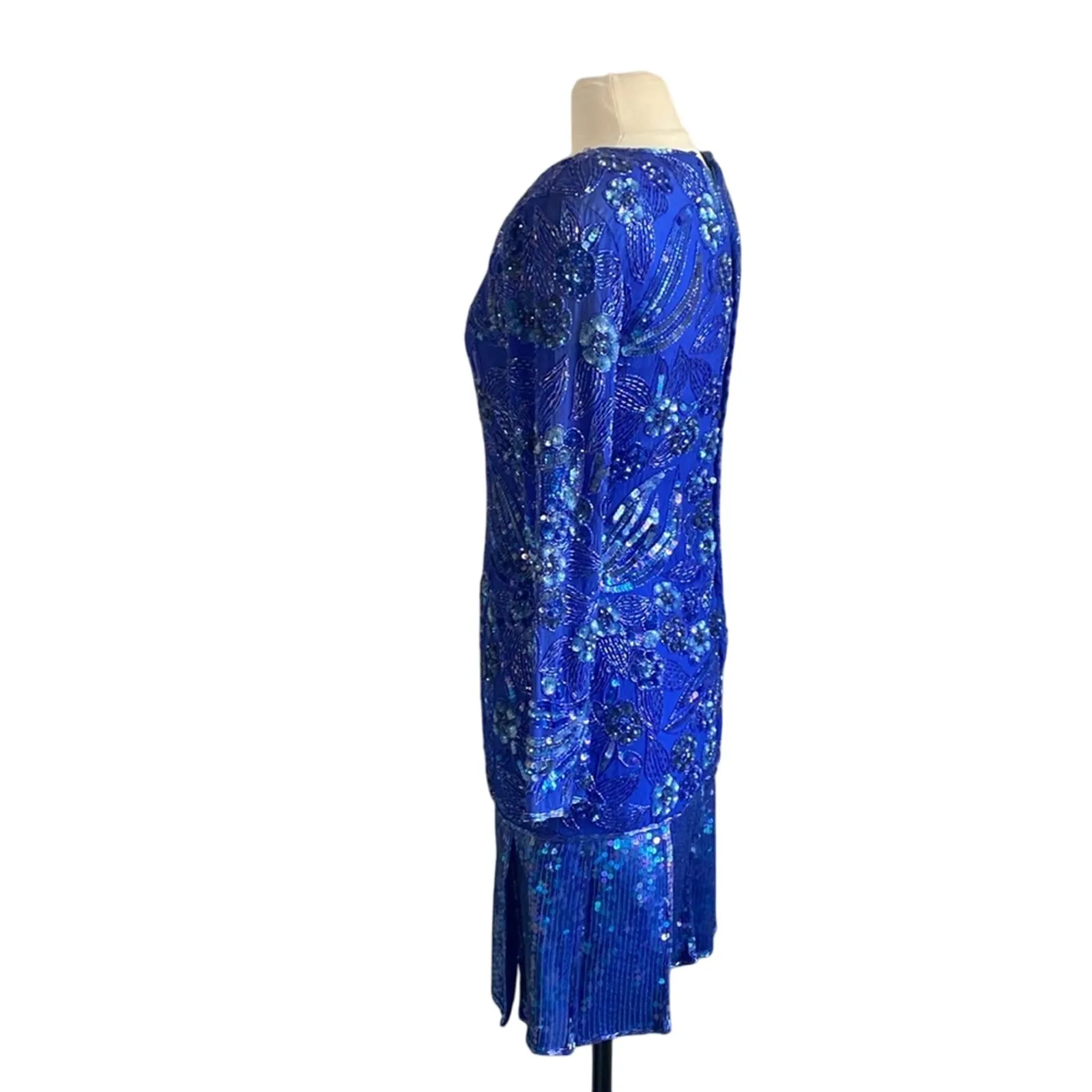 VINTAGE JON CHARLES Blue Sequin Cocktail Dress Womens Sz 6 Silk Long Sleeve - Image 5