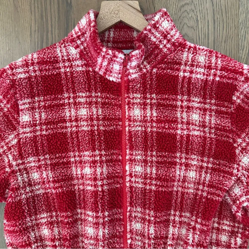 Anthropologie Vintage Collared Fleece Drawstring Waist Jacket Red White Plaid M - Image 5