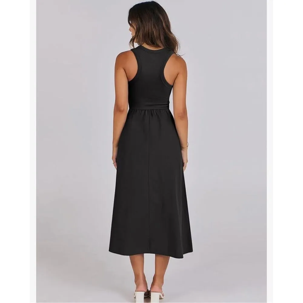 NEW Midi Sundress Tank Top Racerback Flowy Dress Pockets S Black - Image 2