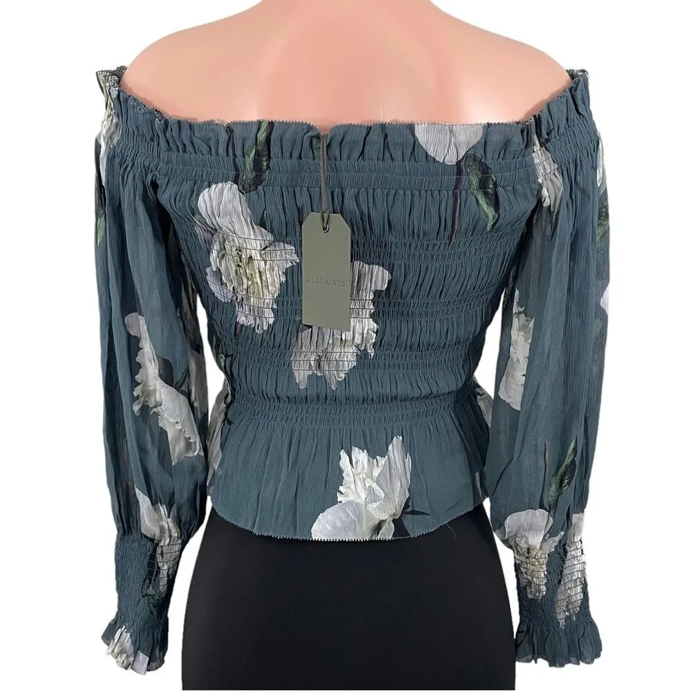 NWT AllSaints Lara Cordelia Off Shoulder Top Size 0 Smoke‎ Grey Floral Blouse - Image 6