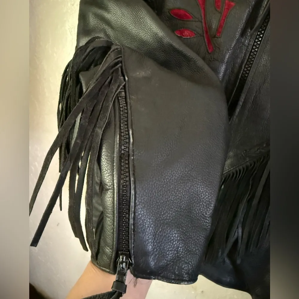 Interstate Leather Black Motorcycle Jacket Red Roses Tassels Fringe Women’s XL - Image 7
