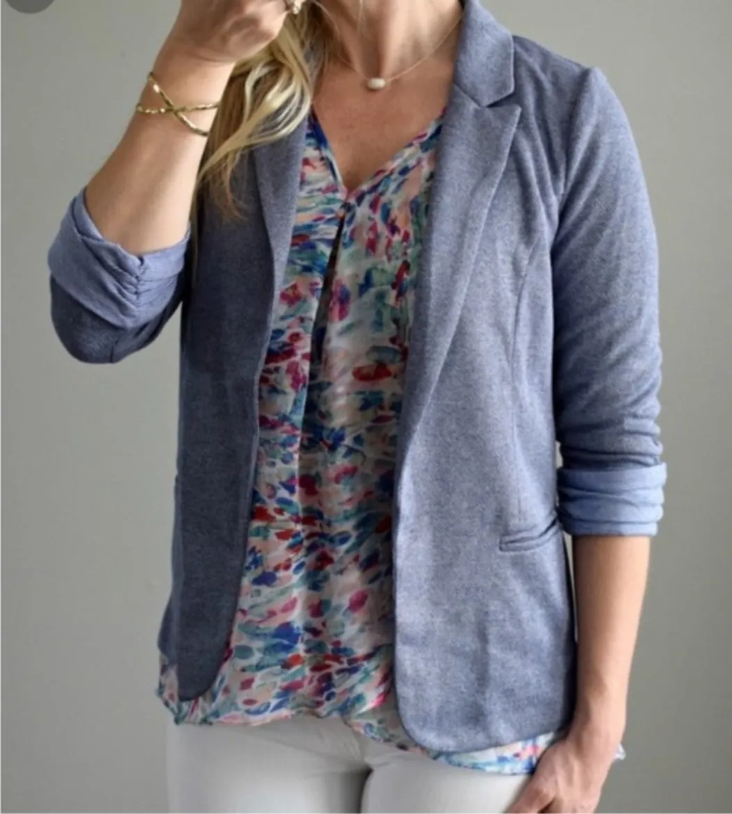 Skies are Blue Asa Stretch Knit Open Jacket Blazer Chambray Blue Cuffed women L - Image 1