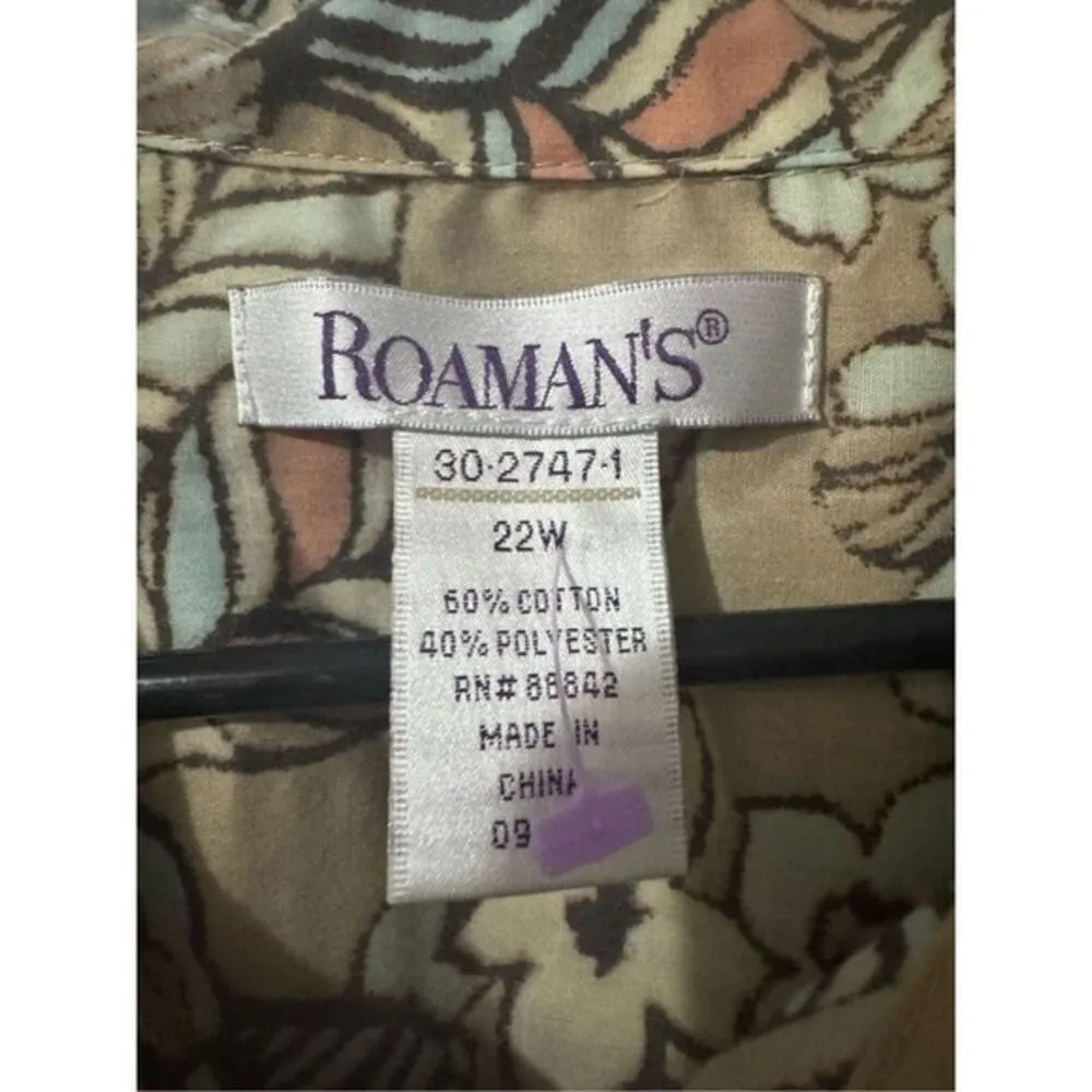 Roamans Womens Tan Cotton Floral Short Sleeve Button Shirt sz 22 Beachy Vacation Brown - Image 5