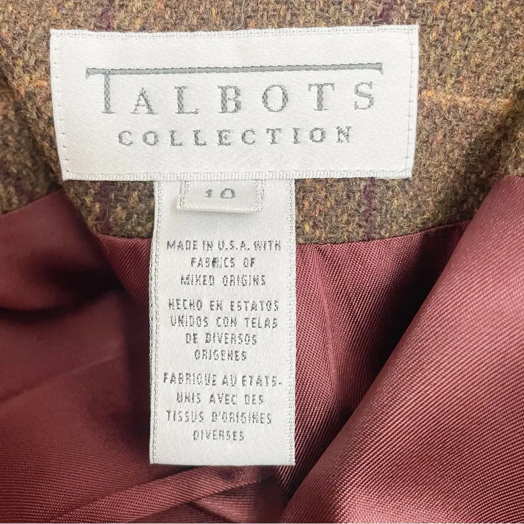 Talbots Collection Wool Tweed Windowpane Blazer Brown Tan Size 10 Suede Collar - Image 12