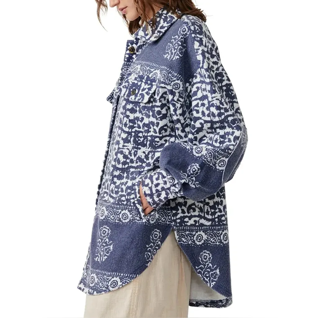 Free People  Blue and White Ruby Jacket Shacket Boho Button Down Cotton - Image 3