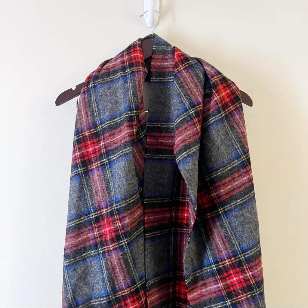 J.Crew Pom Pom Plaid Wool Scarf NEW Gray Red Oversized e4951 - Image 3