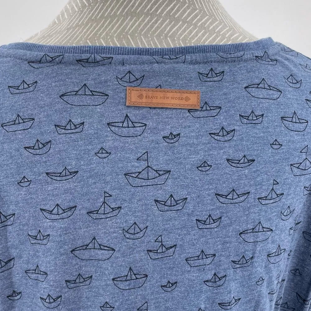 Naketano Sailboat Paper Boat Blue Blouse Top Short Sleeve Novelty Print Size S - Image 7