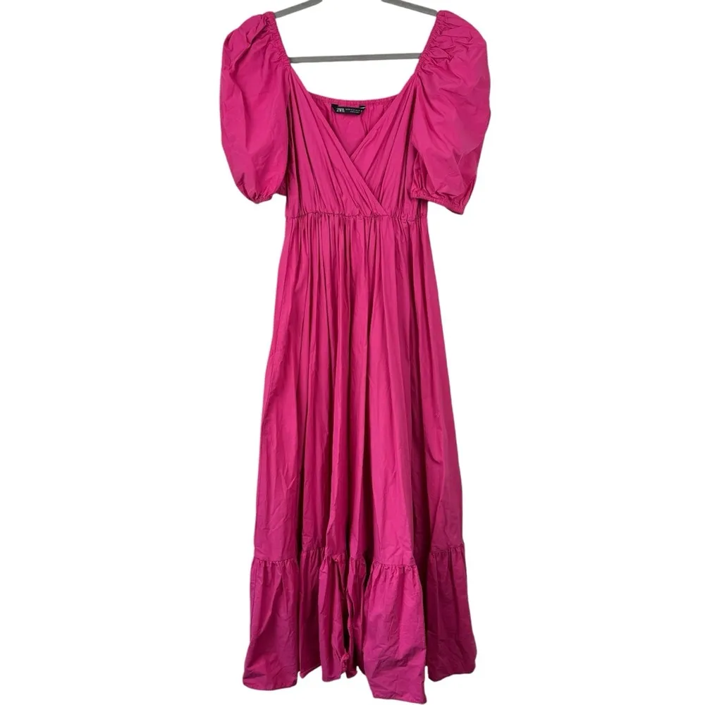 ZARA Hot Pink Puff Bubble Sleeve Tiered‎ Midi Dress Flowy Barbie Feminine XS - Image 8