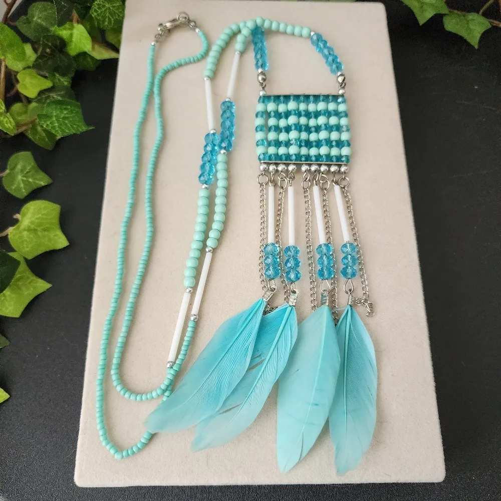 Boho Aqua Sead Bead Necklace with Aqua Blue Feathers - Image 2