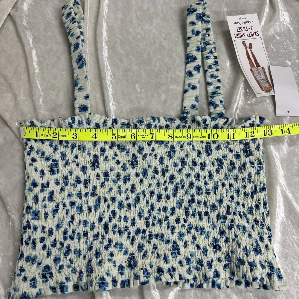 NWT Juniors Floral-Print 2 piece skirt short set Size XL linen blend smocked top - Image 10