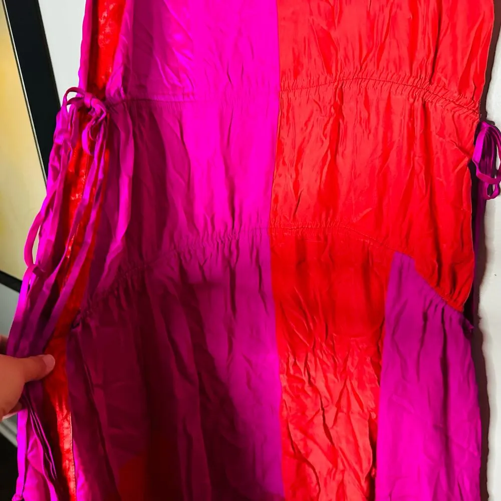 AMUR Women's Orange Pink Colorblock 100% Silk Lotta Ruched Maxi Dress Size 8 - Image 9